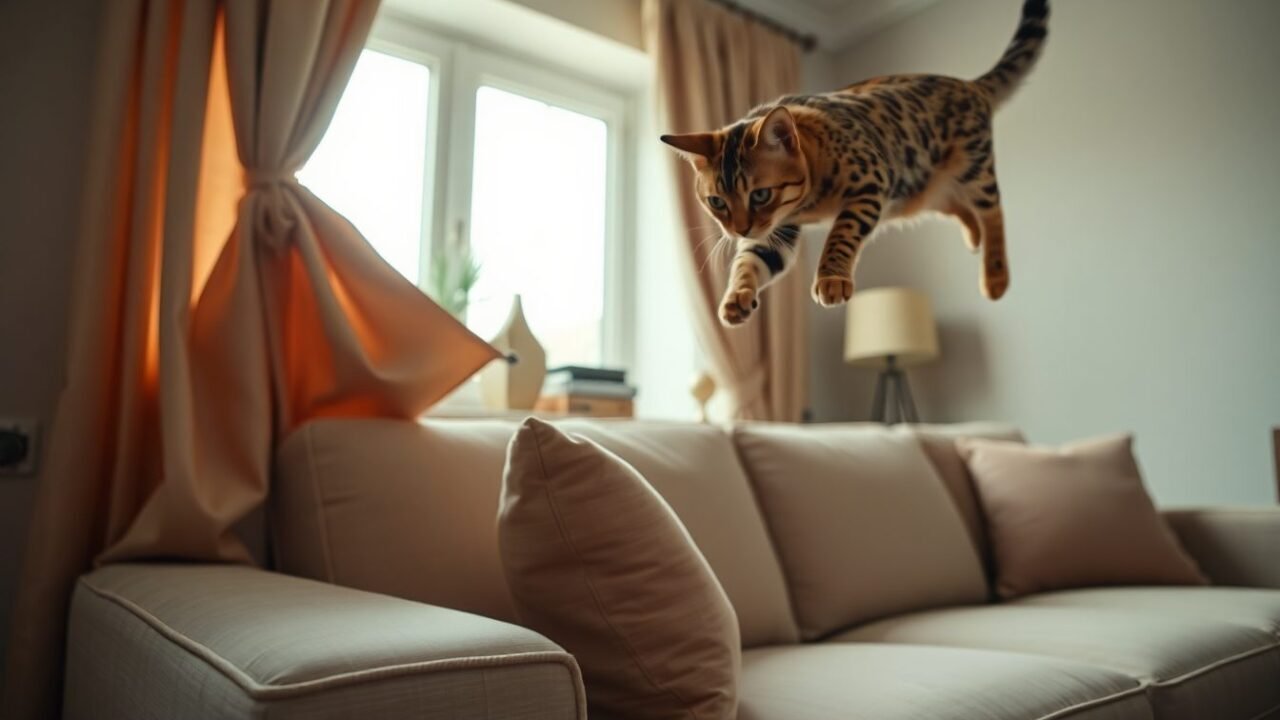 Gato bengalí trepando con energía por un mueble alto del salón