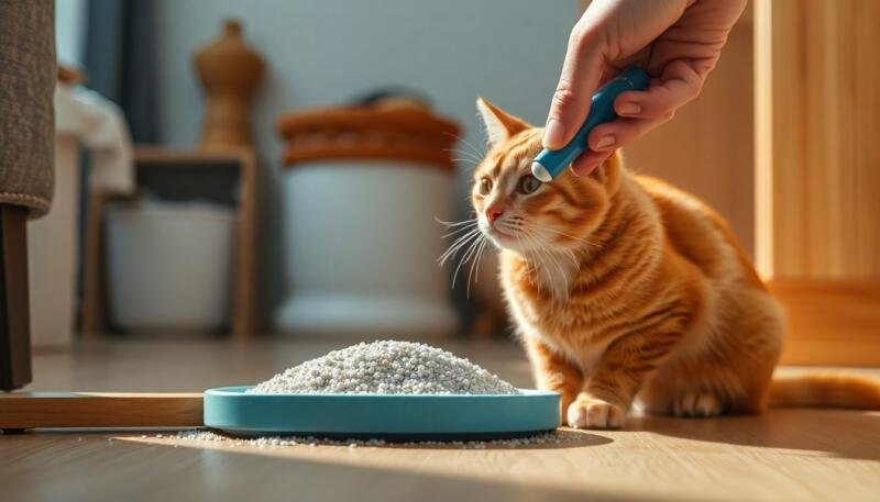 Persona recogiendo la arena del gato con una palita mientras el gato observa