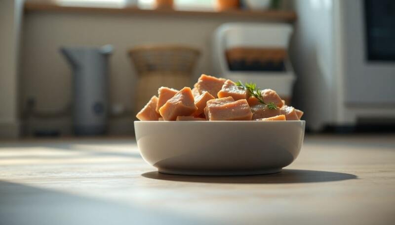 Trozos pequeños de carne de cerdo cocida y magra servidos en un cuenco para gato