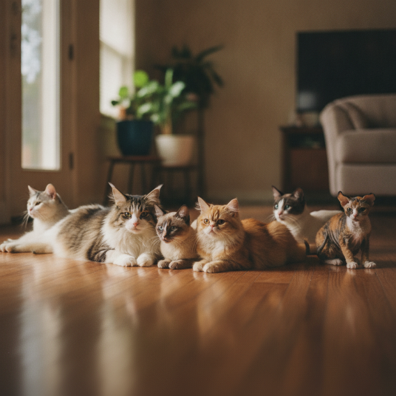 Varios gatos de razas y tamaños distintos juntos, mostrando la diversidad felina