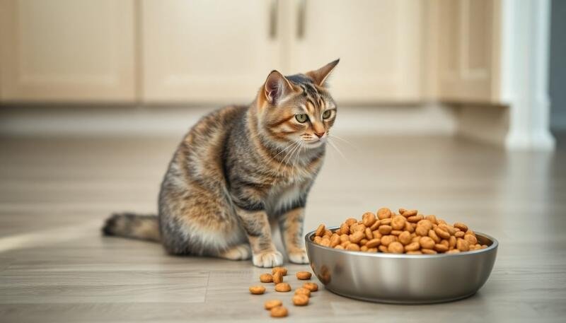 Gato sentado junto a un cuenco lleno de croquetas mirándolas