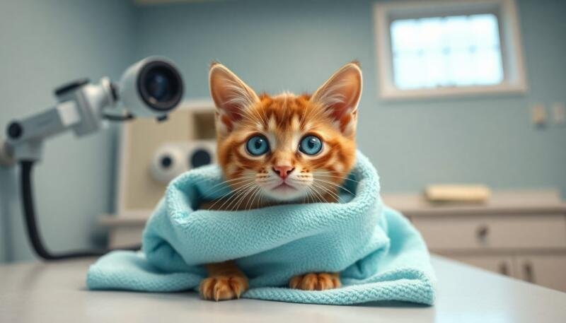 Gatito joven revisado por veterinaria antes de la castración