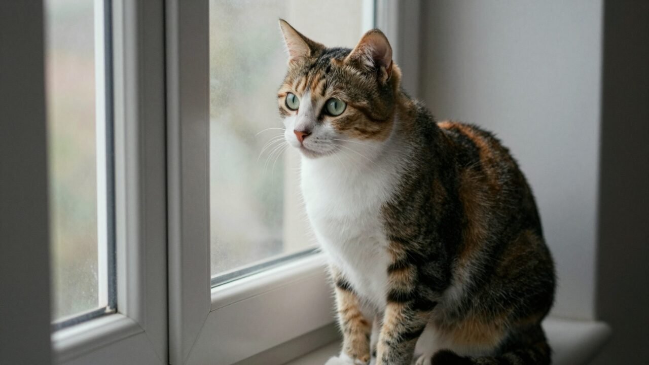 Gata tricolor de tres colores mirando a cámara