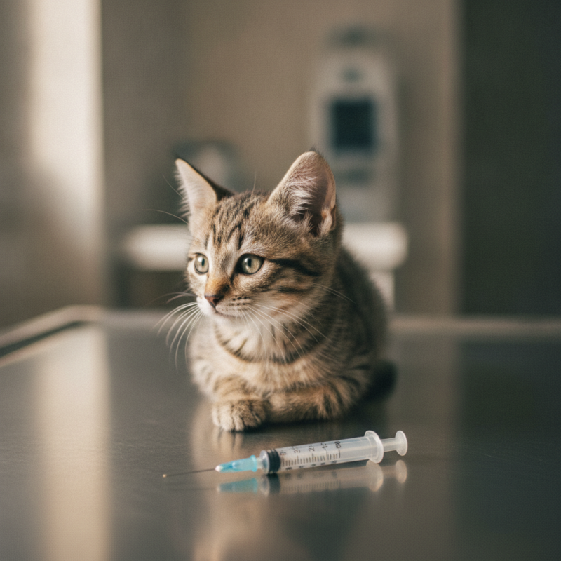 primera vacuna del gatito Gatito pequeño esperando sobre la camilla del veterinario con una jeringa preparada al lado