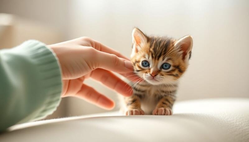 Gatito pequeño siendo acariciado con calma por una mano humana