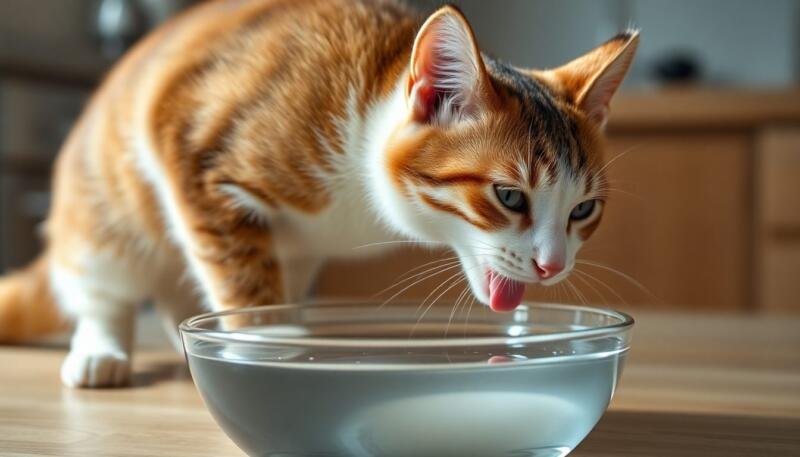 Gato bebiendo agua fresca de un cuenco