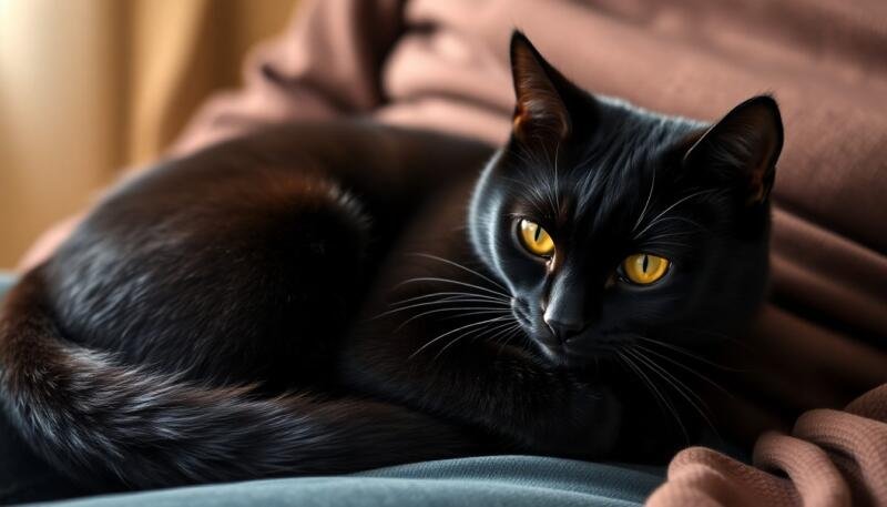 Gato Bombay negro acurrucado cómodamente en el regazo de una persona