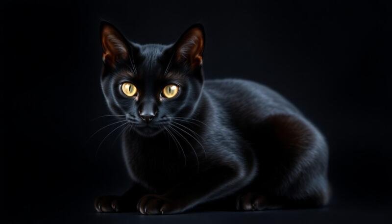 Gato Bombay negro de pelaje brillante y ojos dorados, elegante como una pantera en miniatura