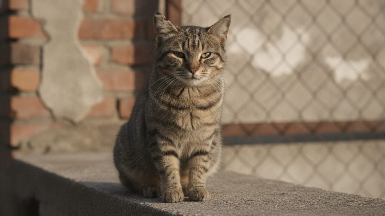 Gato callejero alerta cruzando una calle al atardecer