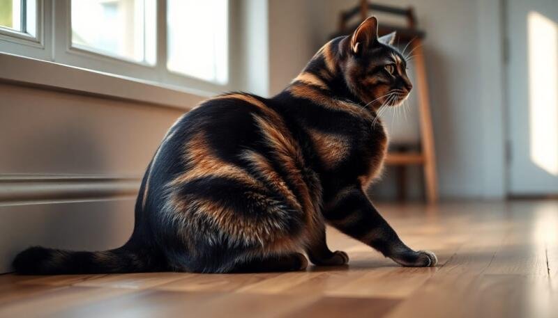 Gata carey con pelaje de mosaico negro y naranja entrelazado, mostrando el patrón único que produce la genética del cromosoma X