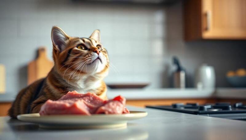 Gato mirando con deseo un trozo de carne de cerdo cocida sobre la encimera