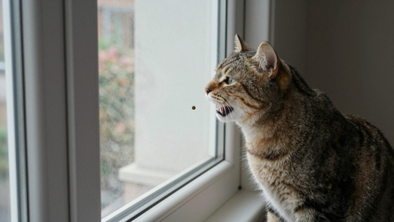 Gato haciendo castañeo de dientes mirando un pájaro por la ventana