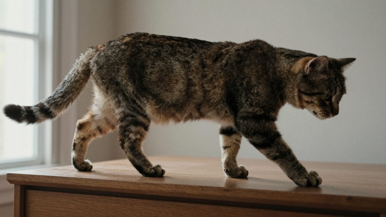 Gato usando su cola como timón para equilibrarse sobre un borde estrecho