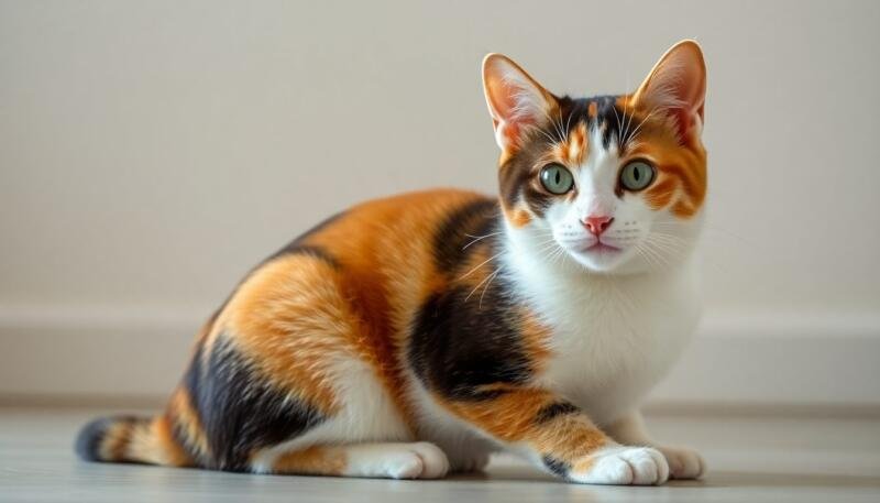 Gata calicó de pelaje tricolor naranja, negro y blanco mirando a la cámara