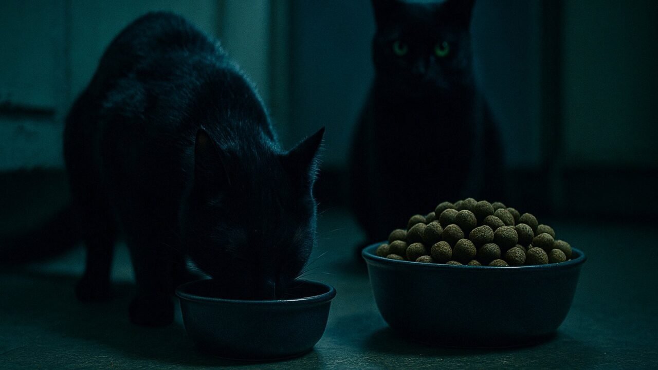 Gato olfateando con curiosidad un cuenco de croquetas de perro en el suelo