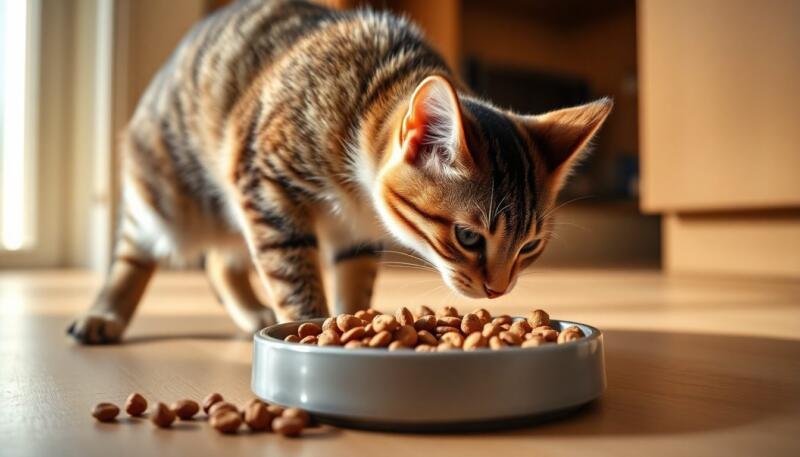 Gato olfateando con curiosidad un cuenco de croquetas de perro en el suelo