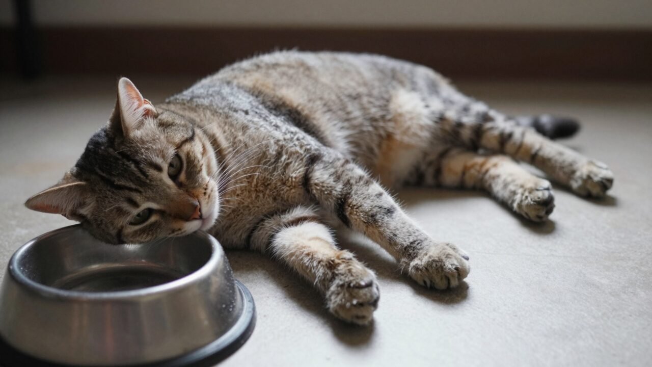 Gato decaído junto a su plato de comida sin tocar