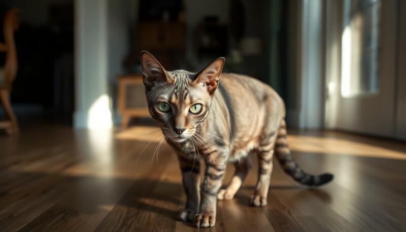 Gato Lykoi hombre lobo con pelaje a parches y cara medio desnuda mirando a cámara