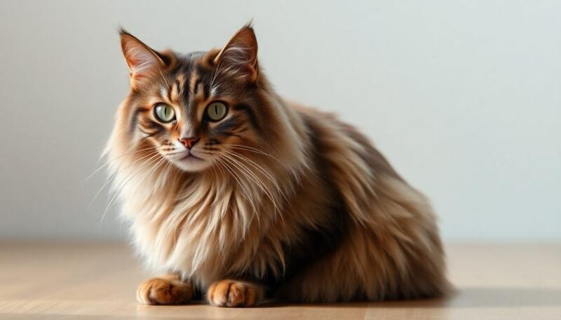 Gato de pelaje largo y brillante con ojos llamativos, sano y elegante, retratado con luz suave