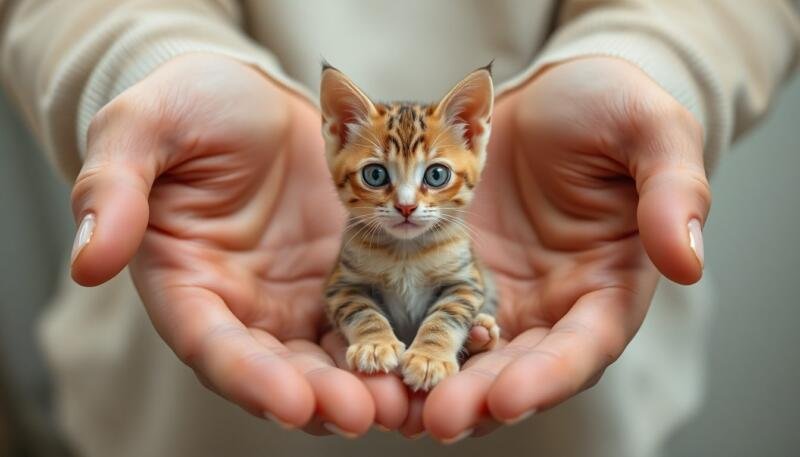 Gato adulto diminuto sentado en las manos ahuecadas de una persona, muy pequeño en comparación