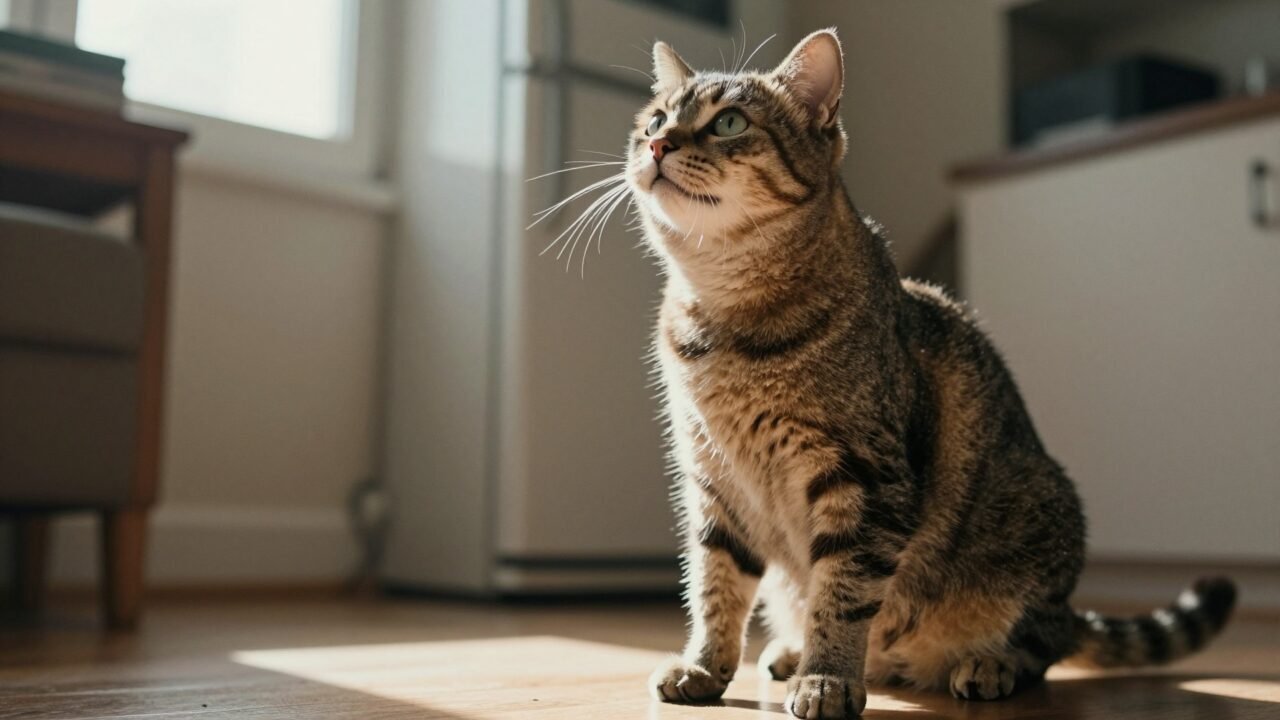 Gato maullando mirando directamente a su dueño