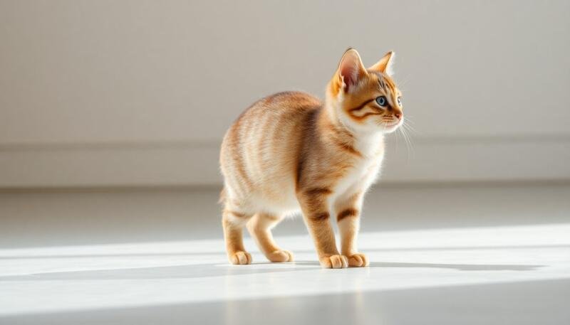 Gato Munchkin de patas muy cortas de pie de perfil, mostrando su cuerpo alargado