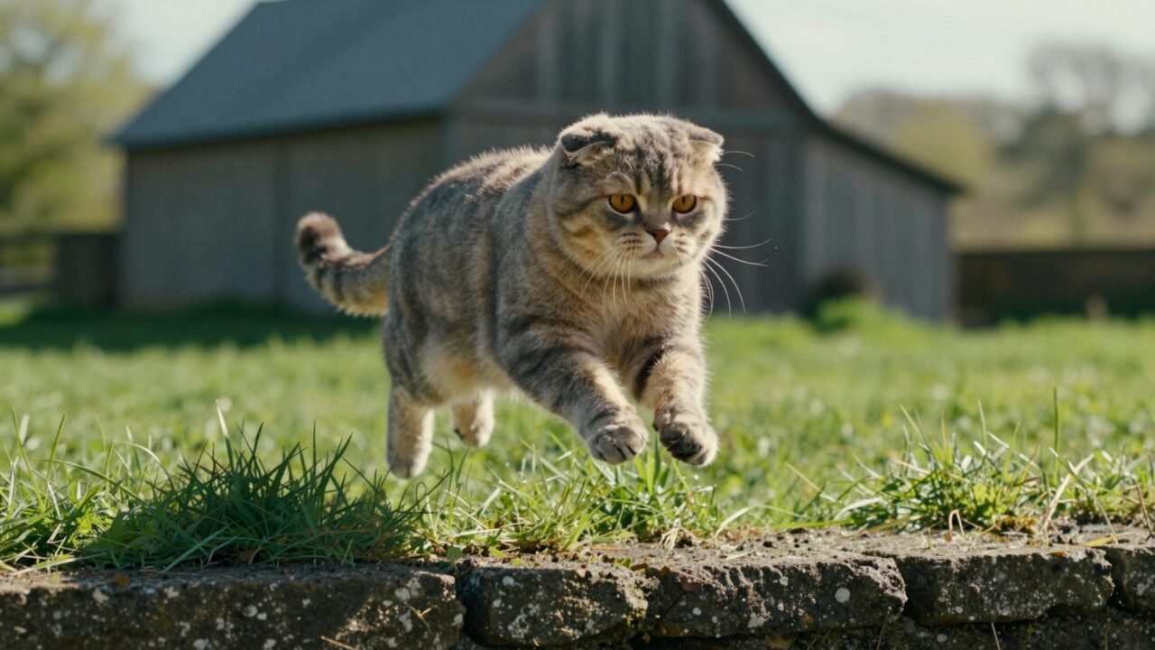 Gato Scottish Fold sentado en el suelo de una casa mostrando sus orejas plegadas hacia adelante