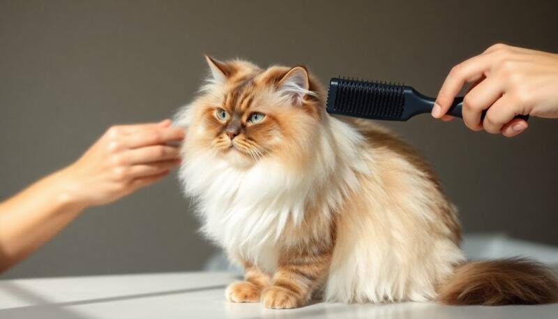 Gato Persa de pelaje largo y denso siendo cepillado, con pelo suelto acumulándose en el cepillo