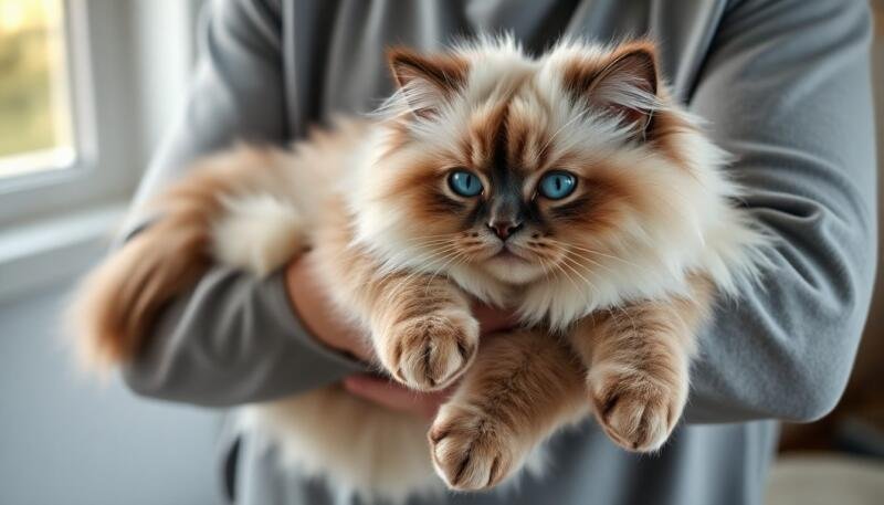 Gato Ragdoll totalmente relajado y flácido en los brazos de una persona