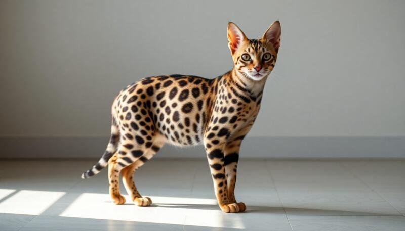 Gato Savannah alto de patas largas y pelaje moteado como un leopardo, de pie en alerta
