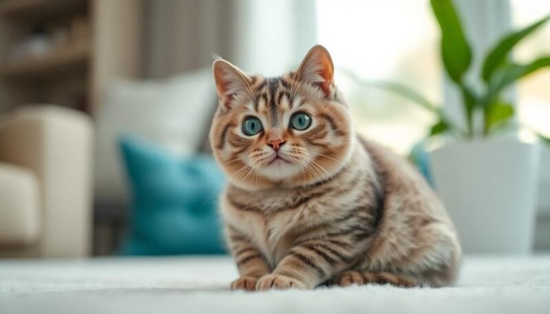 Gato Scottish Fold de orejas dobladas y cara redonda sentado mirando a la cámara