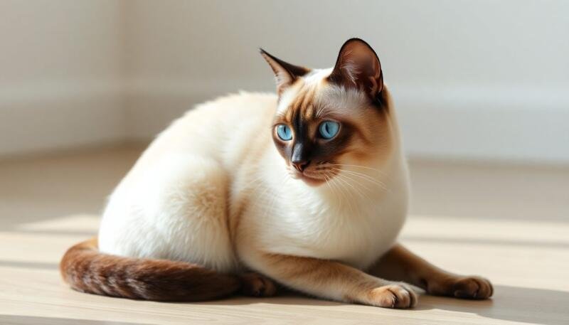 Gato Siamés de cuerpo claro con orejas, cara, patas y cola oscuras