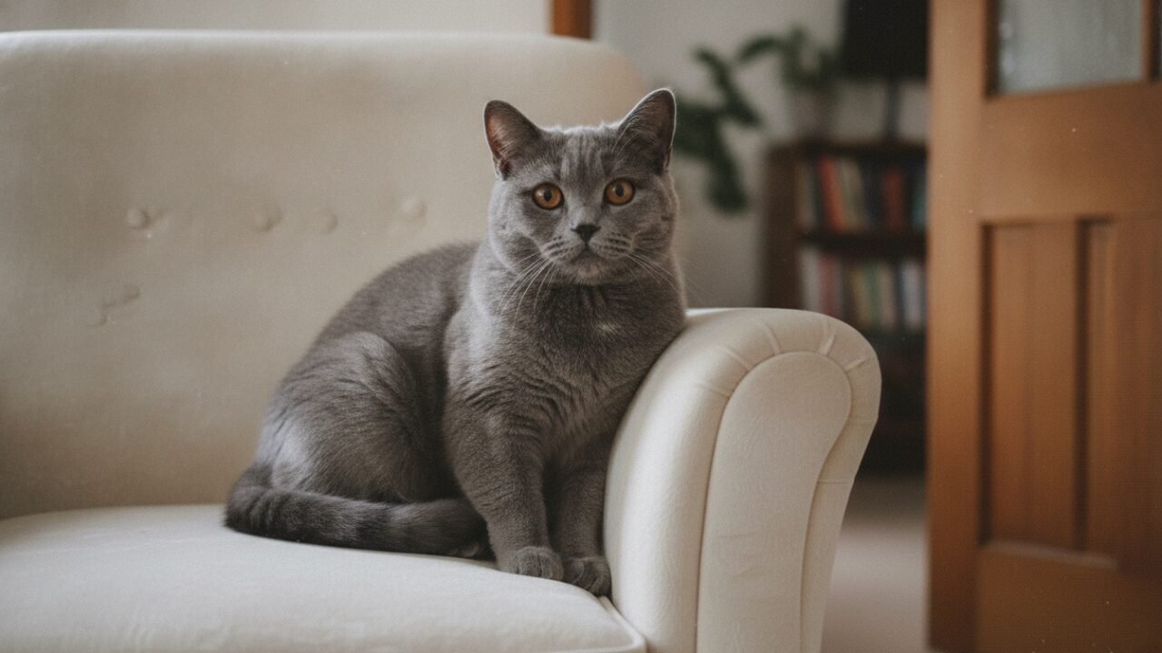 Gato tranquilo comunicándose con la mirada en un salón luminoso