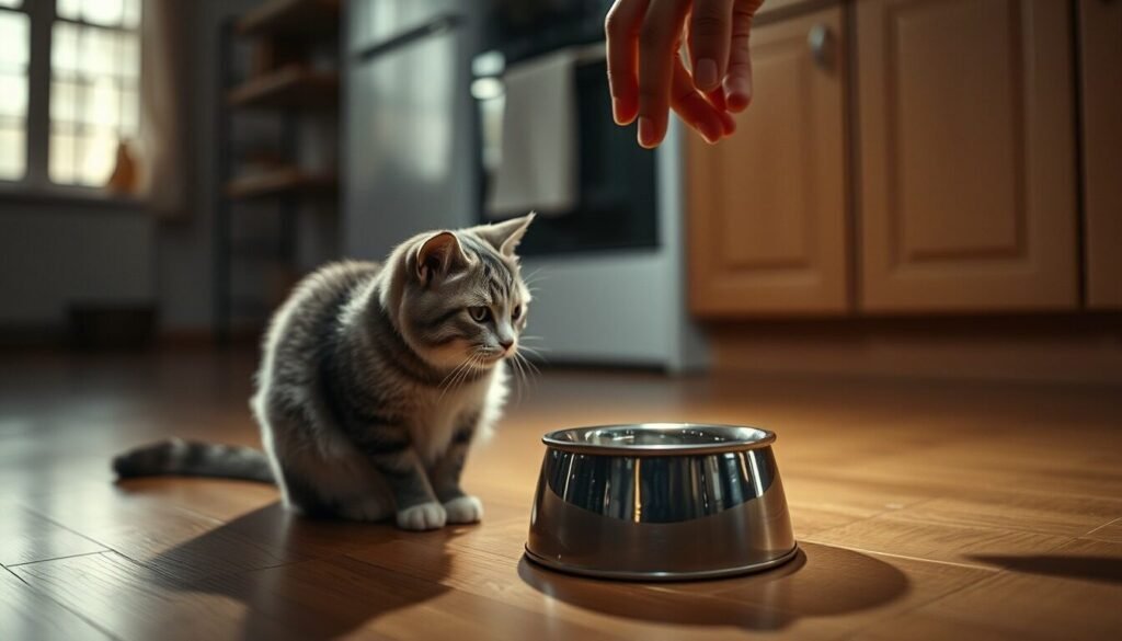 Gato sentado sin interés junto a su plato de comida intacto