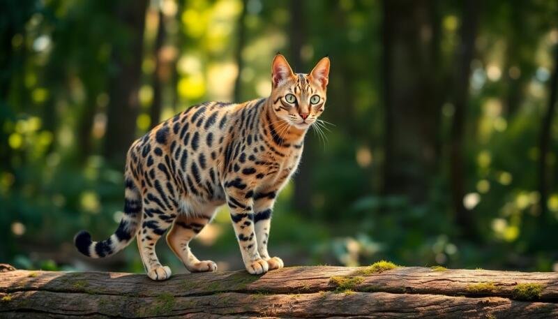 Gato Sokoke de patrón atigrado translúcido en un bosque, la raza doméstica más rara del mundo