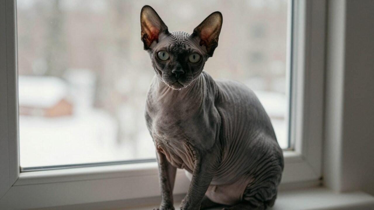 Gato Sphynx sin pelo con piel arrugada mirando a cámara