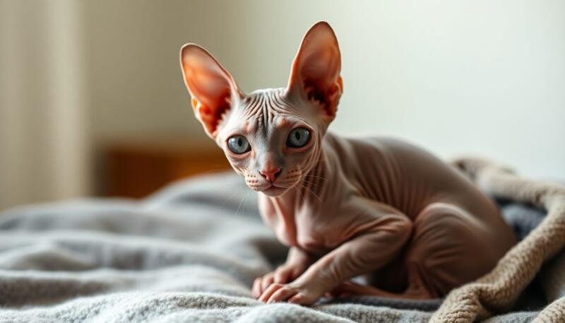 Gato Sphynx sin pelo de piel arrugada mirando a la cámara