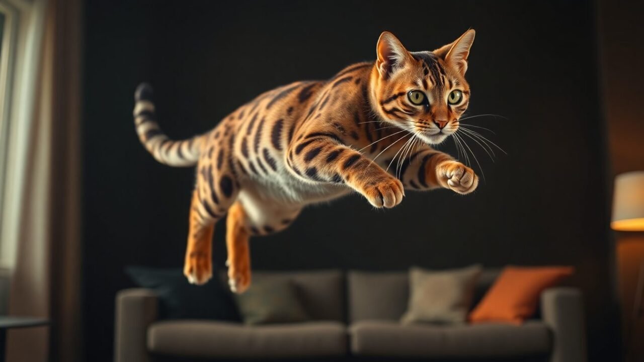 Gato Bengal con manchas de leopardo y mirada salvaje sobre fondo llamativo