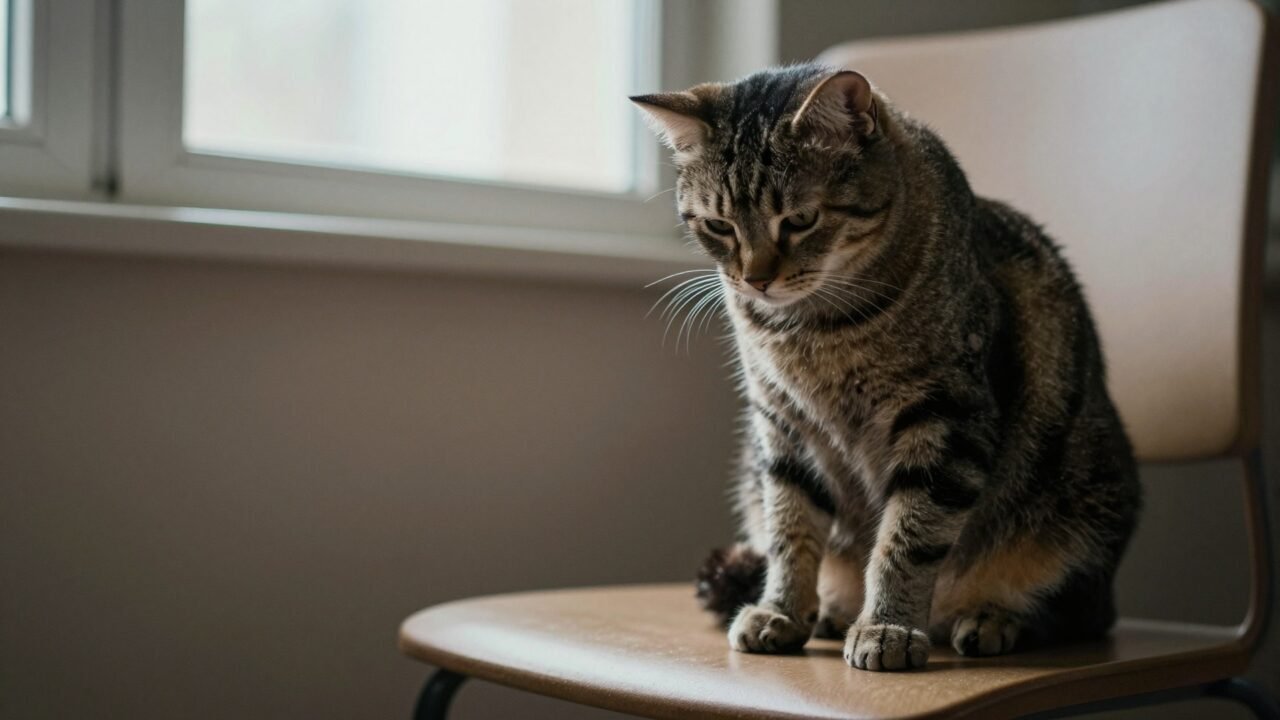 Gato triste mirando por la ventana con expresión apagada
