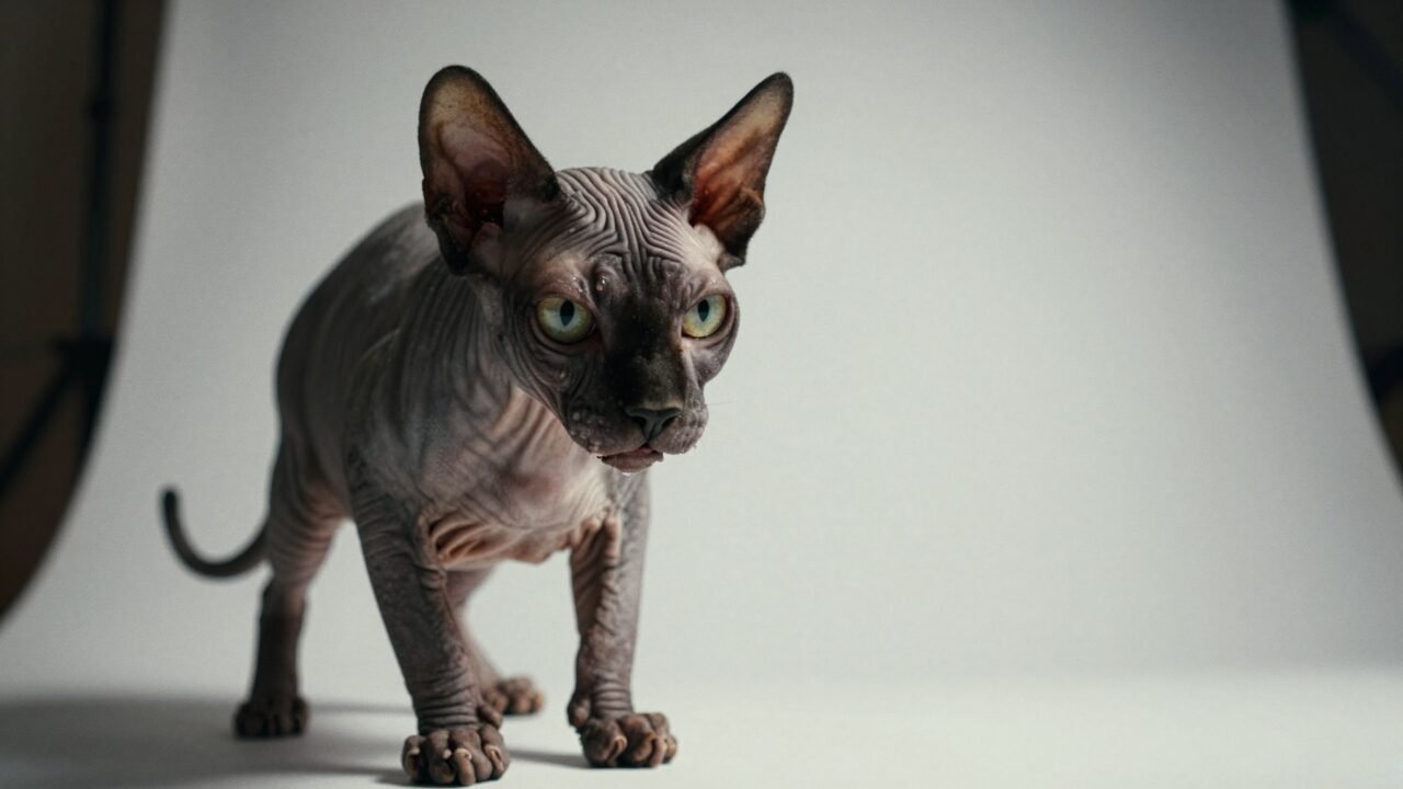 Grupo de gatos considerados los más feos del mundo: un Sphynx sin pelo, un Lykoi hombre lobo y un persa de cara plana juntos