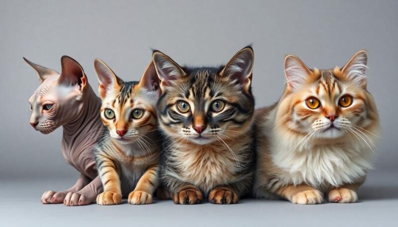 Grupo de gatos considerados los más feos del mundo: un Sphynx sin pelo, un Lykoi hombre lobo y un persa de cara plana juntos
