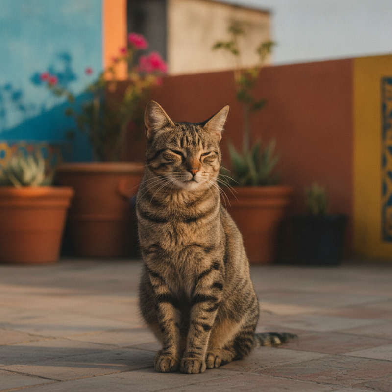 Gato criollo mexicano descansando sobre una azotea colorida bajo el sol cálido