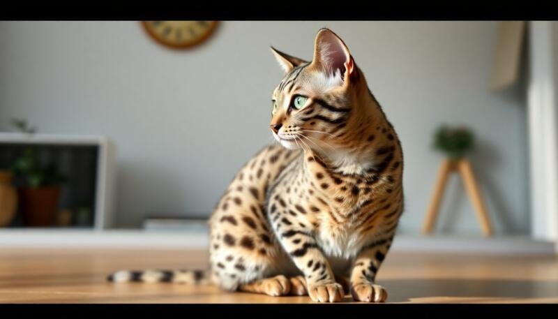 Gato Mau egipcio moderno de pelaje plateado moteado y ojos verdes, sentado con elegancia
