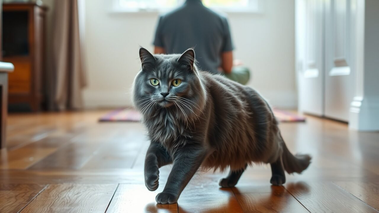 Gatto Nebelung che si avvicina con calma alla sua persona di fiducia