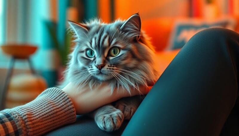 Gato Nebelung acercándose con calma a su persona de confianza
