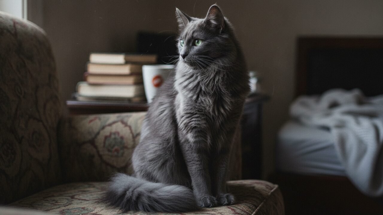 Gatto Nebelung dal pelo grigio argento e occhi verdi tra le ombre
