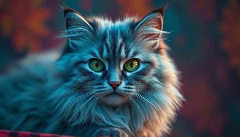 Gato Nebelung de pelaje gris plateado y ojos verdes entre sombras