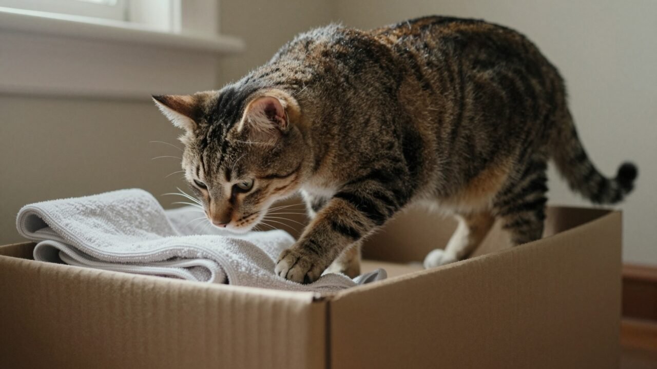 Caja de cartón con toallas limpias preparada como nido para la gata