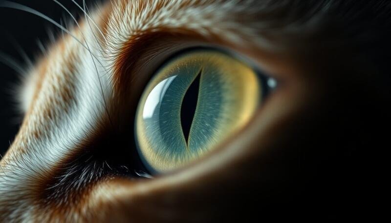 Primer plano del ojo de un gato con la pupila muy dilatada en penumbra
