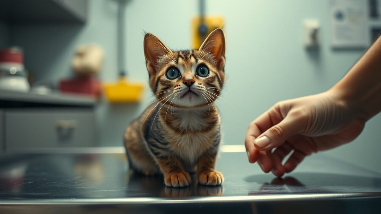 Gatito en caja con frase sobre vacunación y primera vacuna de un gato.